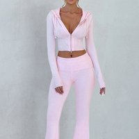 2025 Spring New European And American Cross Border Solid Color Slim Short Hooded Top Casual Pants Suit Two Piece Set Women