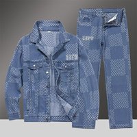 Clothing Plaid denim jacket spring autumn American retro design niche couple long sleeved jacket long pants suit