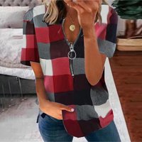 Plaid Print Short Sleeve T Shirt Zipper Detail Casual Streetwear Top