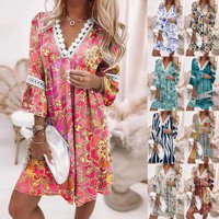 Spring V neck Printed Lace Patchwork Bohemian Leisure Holiday Dress