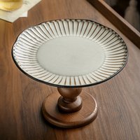 Vintage Wooden Pedestal Serving Tray – Handcrafted Ceramic Fruit & Dessert Platter Carved Floral Motifs 12" Elevated Display Stand