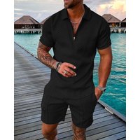 Fashion Casual Suit 3D Printed Zipper Short Sleeve Polo Shirt Shorts 2 Piece Set