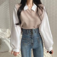 Zebina Plus Polo Collar Long Sleeve T Shirt Layered Design Loose Fit Casual Top Blue Beige Black