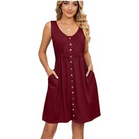 Clothing Casual Solid Sleeveless Button Pocket Round Neck Split Waist Dress