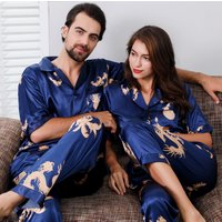 Cross-border summer couple silk pajamas women's thin summer men's suit Chinese style short-sleeved spinning silk home clothes men