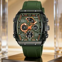 Men's Tonneau Digital Watch Waterproof, Silicone Strap 3Time/Chrono/Countdown, LED Light, Sport Wristwatch For Youth 2603