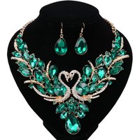 Luxury Gold Color Green Crystal New Double Swan Statement Necklace Earring For Women Party Wedding Jewelry Sets