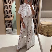 Sexy Hollow Out Knit Top & Wide Leg Pants Set – Breathable Polyester 