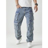 Casual Washed Straight Leg Cargo Jeans Relaxed Fit Multi Pocket Utility Pants Light Wash Army Green Dusty 