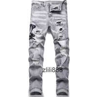 Men Snake Embroidery Gray Denim Jean Streetwear Hole Ripped Ditreed Stretch Pant Embroidered Slim Straight