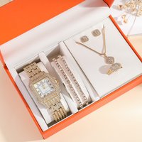 Hot selling golden luxury temperament steel belt large dial five piece jewelry quartz wrist watch gift box