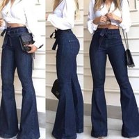 Clothing high waist micro elastic lace up flared pants wide leg pants jeans