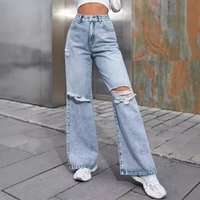 High Waist Distressed Wide Leg Jeans Casual Straight Denim Pants Vintage Wash 