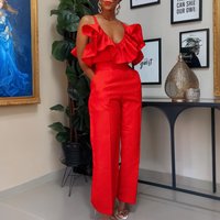 Clothing fashion V neck ruffled suspender top high waist trousers