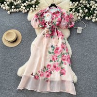 French Inspired Floral Print Dress – Tiered Tulle Skirt Corset Lacing & Lantern Sleeves