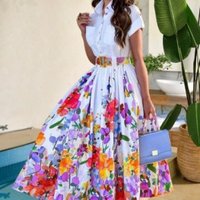 Clothing Shirt Collar Positioning Flower Print Short Sleeved Button Dress Belt