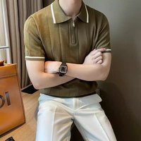 Summer New Short Sleeve Knitted Men’s Half Zipper Polo Shirt Flip Collar Business Trendy T-Shirt