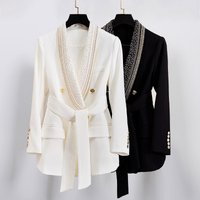 Women's Clothing In stock 2024 autumn and winter fashion new bronzing belt green fruit collar mid length women's suit jacket black and white