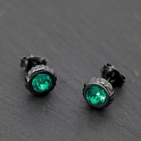Black Gold & Green Diamond Stud Earrings - Premium 925 Silver Hypoallergenic Earrings For Men & Women - Minimalist Round Ear Studs