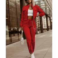 zipper design long sleeved top + drawstring pants casual suit