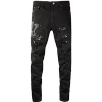 Men Snake Embroidery Jeans Skinny Tapered Stretch Denim Pants Streetwear Holes Ripped Leather Patch Patchwork Trousers