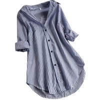 Chic striped long-sleeved bottom collar loose shirt women