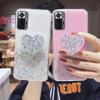 Glitter Stars Heart Fold Holder Phone Case For Samsung Galaxy A52 A53 A72 A73 A13 A12 A22 A32 4G 5G Soft Silicone Stand