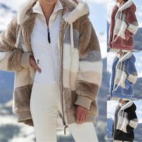 2026 Autumn Winter Warm Plush Patchwork Zipper Pocket Hooded Loose Coat