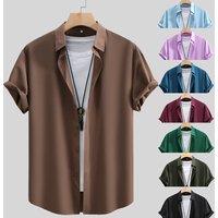 Men's Clothing Short-sleeved Shirt Solid Color Pure Color Men's Clothing Four-sided Stretch Men's Shirt Summer Tan 2024 New Cross-border