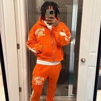 American Vintage Hooded Zip-Up Hoodies Pants Set Men's Letter Print Streetwear Hip-Hop Fashion Casual 2 Pieces Set Streetwear