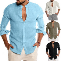Summer Linen Stand up Collar Long sleeved Cardigan Shirt