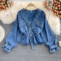 Women's autumn loose bf fashion versatile beaded V-neck short waist top