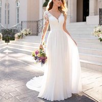 Women's Clothing Wedding Dress Light Luxury New Summer Hot Sale Lace Applique Deep V Neck Transparent Long Sleeve Main Wedding Dress