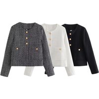 Elegant Cropped Blazer Slim Fit Textured Knit Jacket Round Neck & Single Button Closure White Black Black &