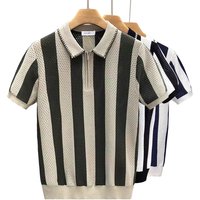Summer Striped Shirt Korean Style Cutout Casual Knitted Men's Breathable Short Sleeve Fashionable Top