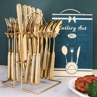 Cutlery Set Stainless Steel Tableware Vacuum Titanium Plating Knives Forks Spoons Tea Spoons Dinnerware 24Pcs Set