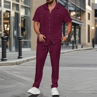 Clothing Stylish Short Sleeve & Long Pants Two Piece Set – Lightweight & Breathable Polyester – Casual Summer Outfit 