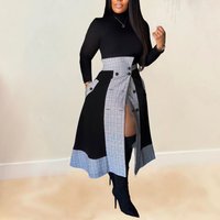 Clothing Slim Fit Long Sleeves Small High Collar Plaid Split Midi Skirt Two Piece Set