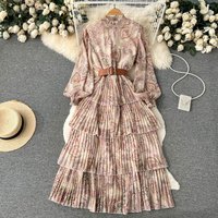 Women’s Stand-up Collar Mesh Long-sleeved Ruffle Printed Waistline Puffy Dress Spring And Autumn Lantern Sleeve Cake Long Dress