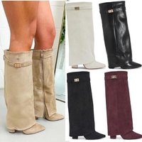Women's Wide Leg Straight Boots Pointed Toe Mid Length Chunky Heel Metal Buckle Plus Size Trouser Leg Style