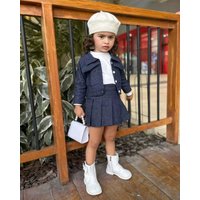 Baby Clothing Children’s soft denim skirt collegiate style long sleeve top pleated skirt suit
