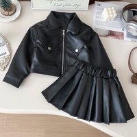 Girls' Autumn Pu Leather Suit, Little Girl's Korean Version Of Fashionable Locomotive Suit, Children's Leather Jacket, Pleated Skirt Two-piece Set