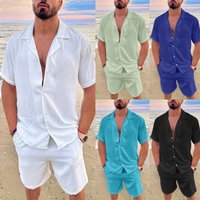 2024 Hawaiian Summer Polo Collar Cotton Linen Solid Short Sleeve Shorts Set