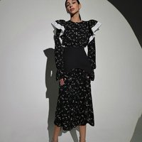 French designed long sleeved dress detachable waist casual floral dress