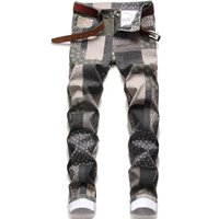 Original European Colorful Personalized Fashion Jeans Plaid Printed Patchwork Stretch Straight Pants Street Man Jeans