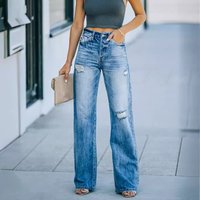 Clothing Jeans Fashion Washed Ripped Holes Slimming Wide Leg Denim Trousers