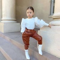 Mother & Small Medium Sized Spring Autumn Style Puff Sleeve Tops Fashionable Straight PU Belt Waist Leather Pants Suit