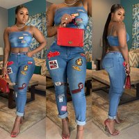 Women’s Clothing Sexy New Cartoon Patch Cuff Jeans Suit