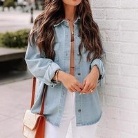 Vintage Wash Denim Shirt – Relaxed Fit Long Sleeve Button Up Distressed Details 