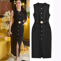 Clothing Elegant Professional Sleeveless Round Neck Dress Solid Waist Cinching Thin Bohemian Casual Regular Summer Dress